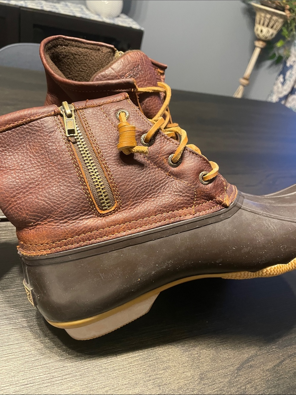 Sperry Brown Leather and Dark Brown Rubber Duck Boots with Tan Laces - Picture 3 of 5